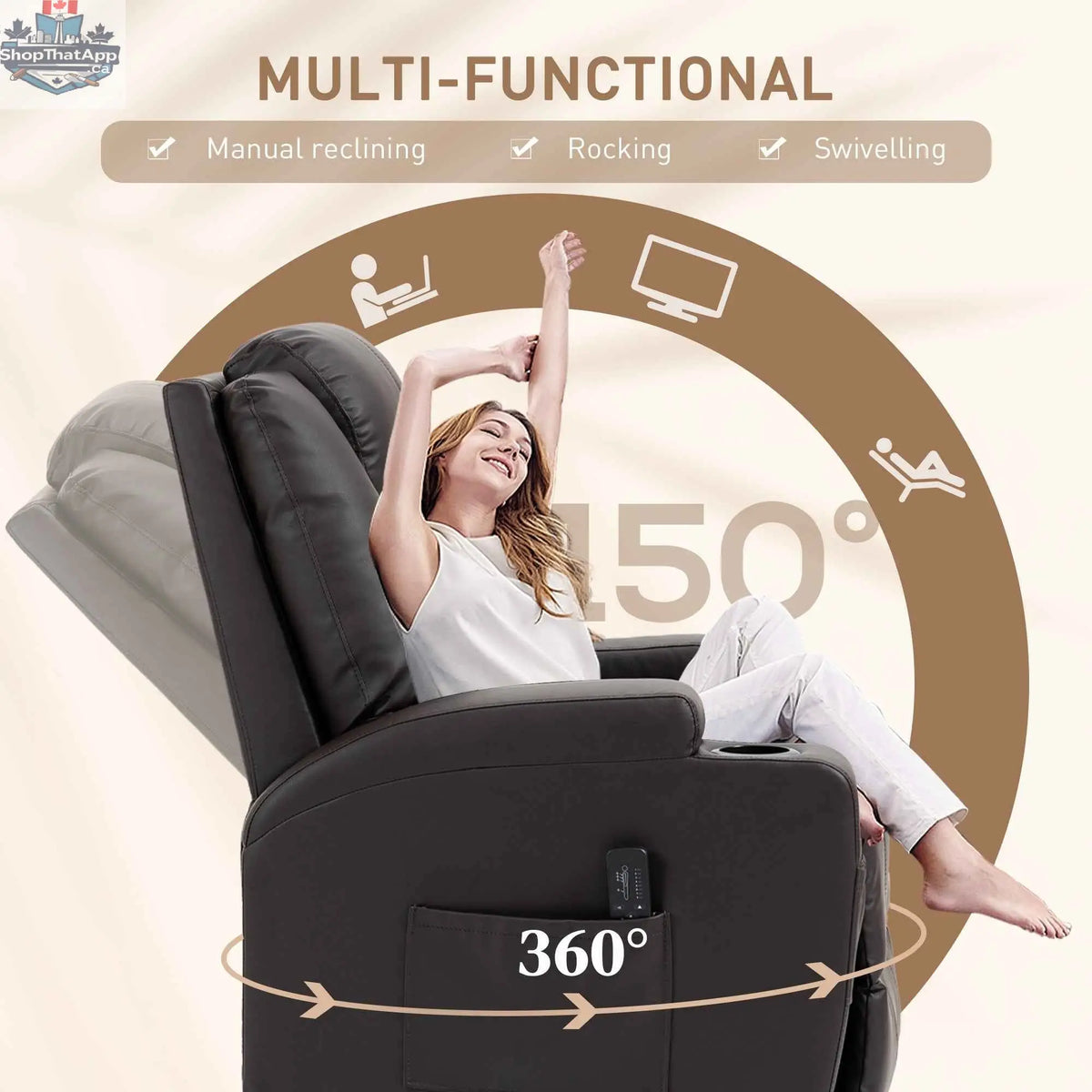 Brown Brady massage recliner chair with swivel and rocker features, featuring 8 vibration points, by SLOTH Nation.