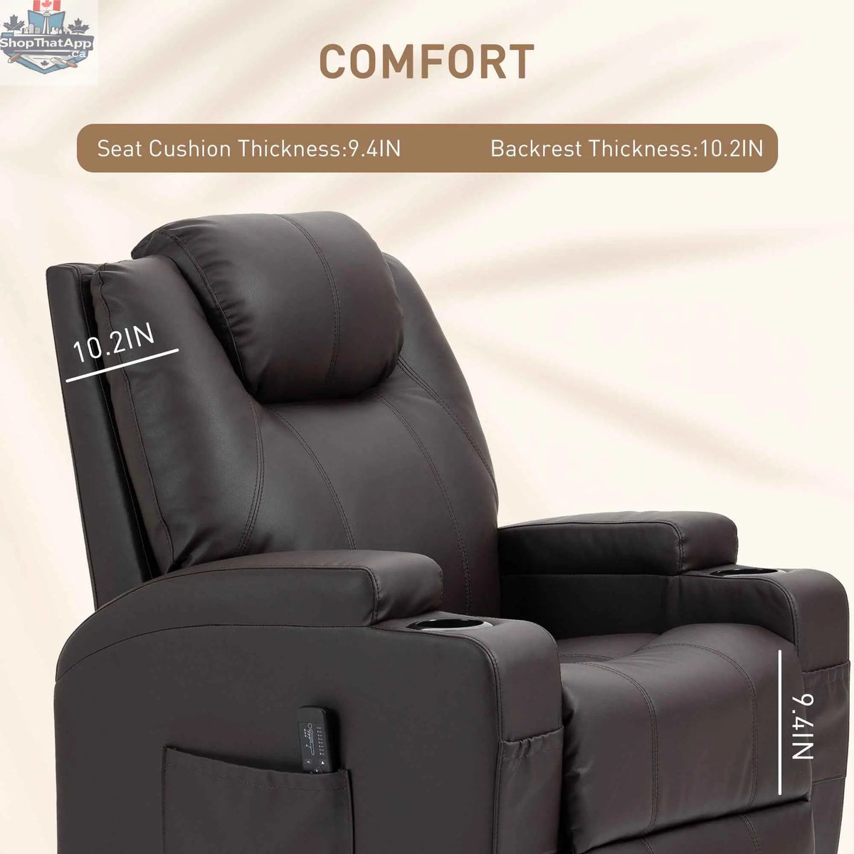 SLOTH Nation Brady massage recliner chair in brown with swivel, rocker features and 8 vibration points for home comfort.