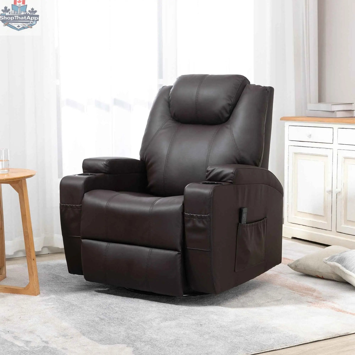 Brown Brady massage recliner chair by SLOTH Nation with swivel, rocker features, and 8 vibration points, perfect for home comfort.