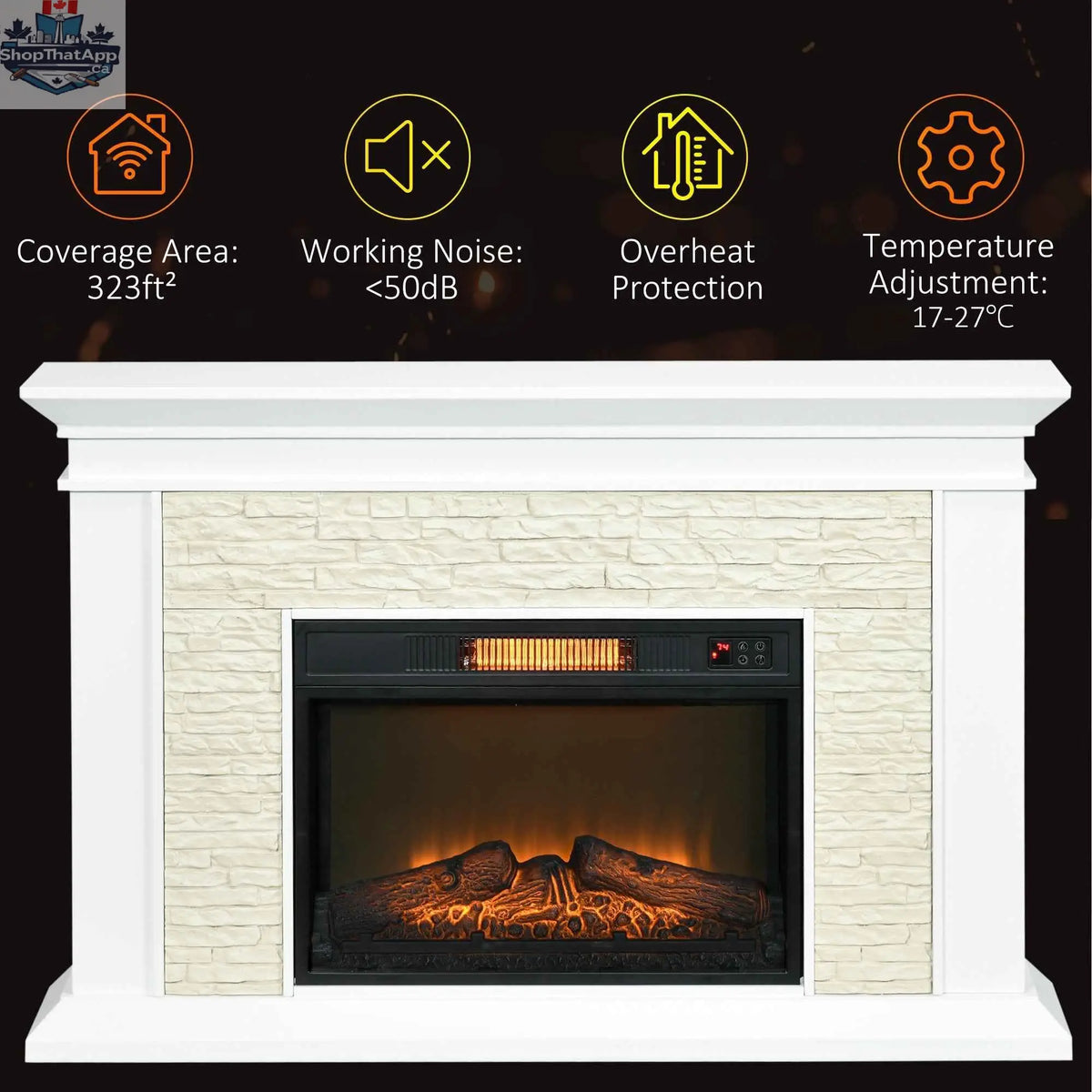 White Archie 31.5-inch electric freestanding fireplace with mantel and overheat protection, showcasing a modern home décor fire feature.