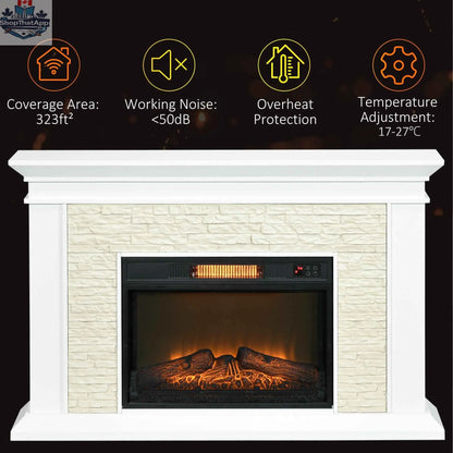 White Archie 31.5-inch electric freestanding fireplace with mantel and overheat protection, showcasing a modern home décor fire feature.