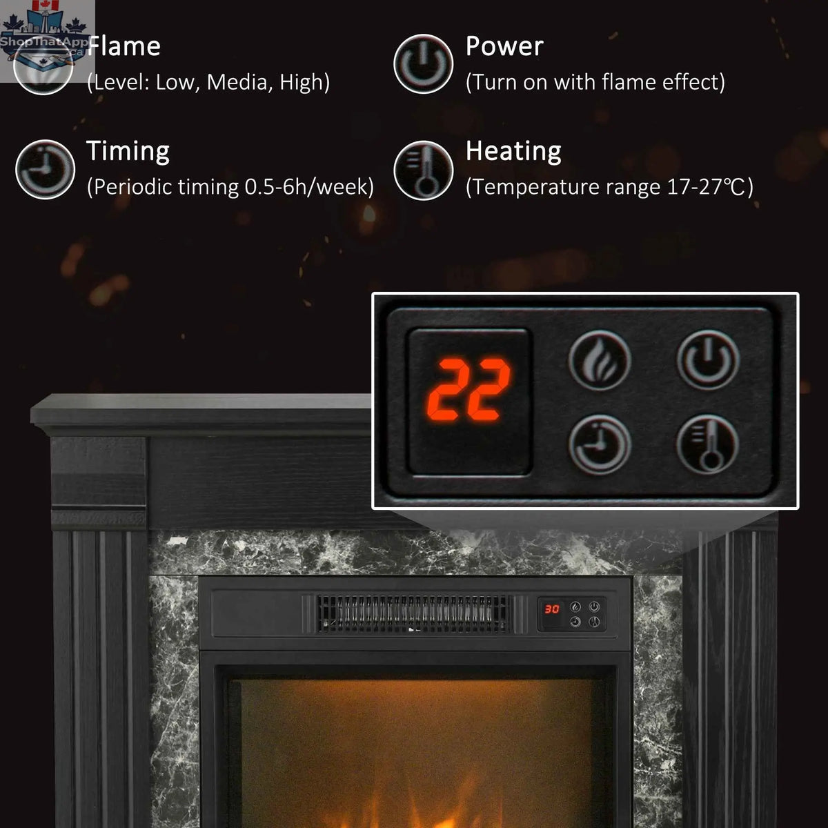 Easton electric fireplace heater with black wood surround, freestanding design and overheating protection, by SLOTH Nation.