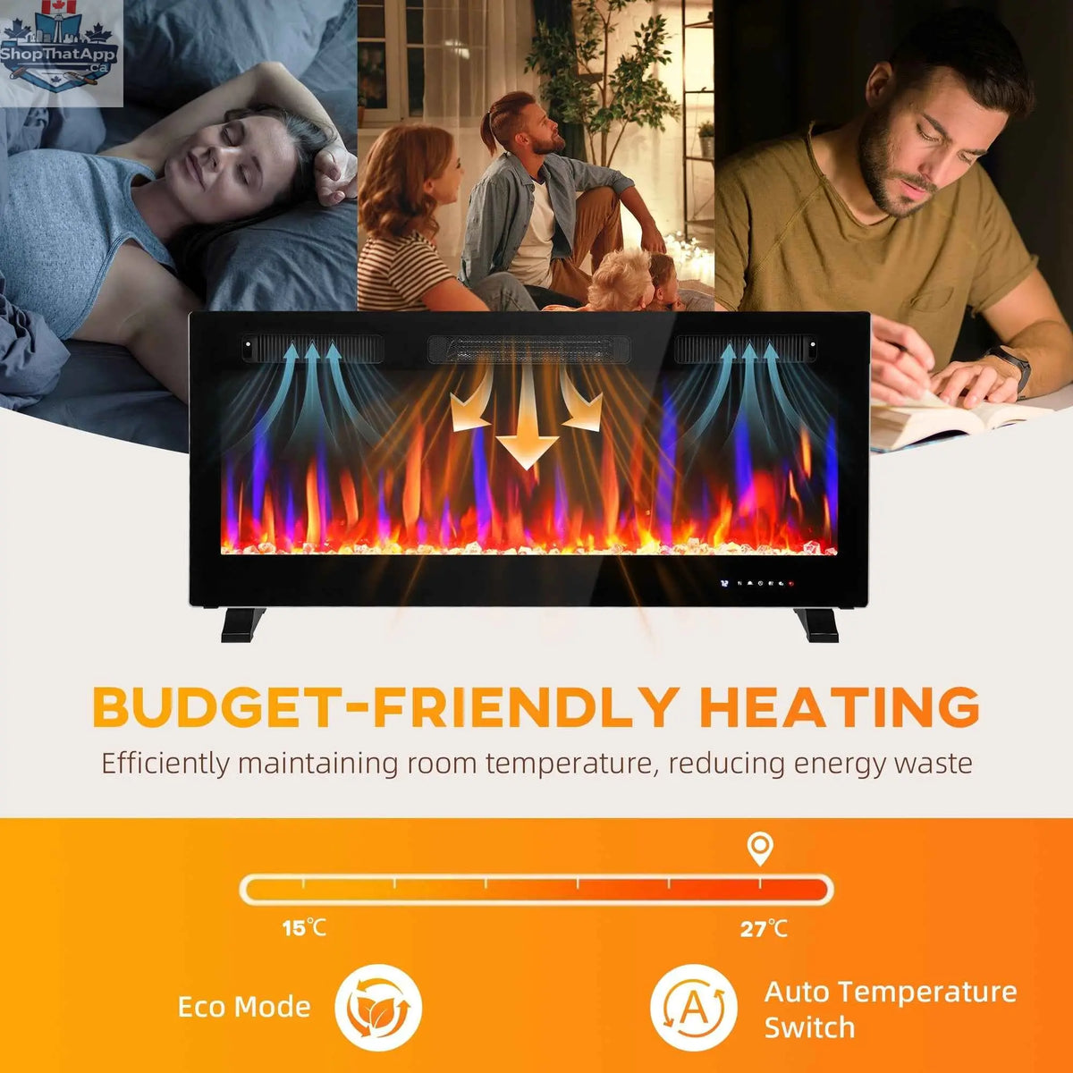 SLOTH Nation Marley electric fireplace heater, 42-inch slim freestanding and wall-mounted with eco mode, in a modern home setting.