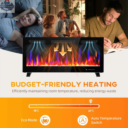 SLOTH Nation Marley electric fireplace heater, 42-inch slim freestanding and wall-mounted with eco mode, in a modern home setting.