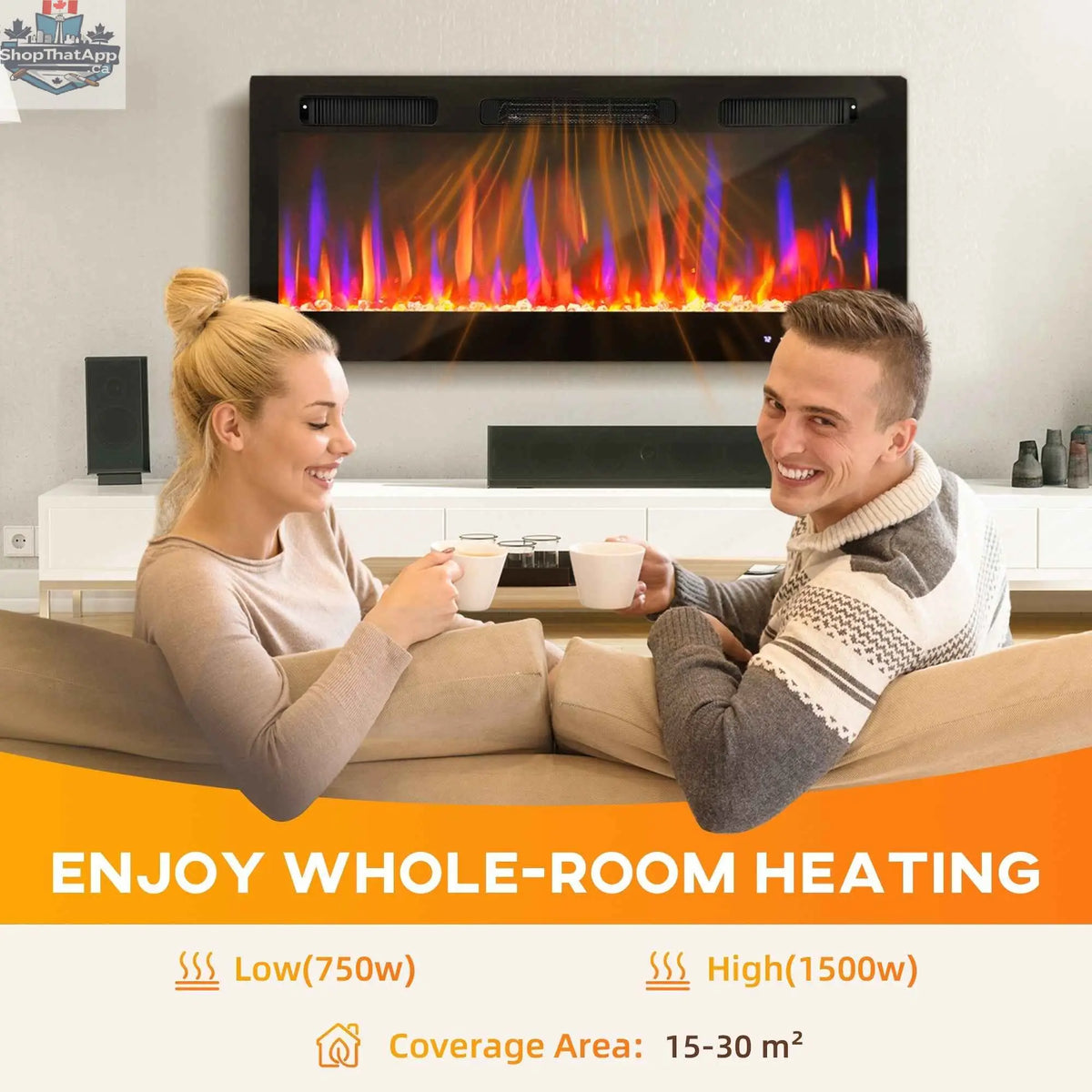 SLOTH Nation Marley electric fireplace heater, 42-inch slim freestanding or wall-mounted electric fireplace with eco mode feature.
