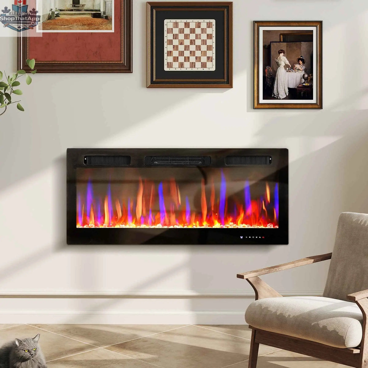 SLOTH Nation Marley electric fireplace heater, 42-inch slim freestanding or wall-mounted with eco mode, modern home décor fireplace