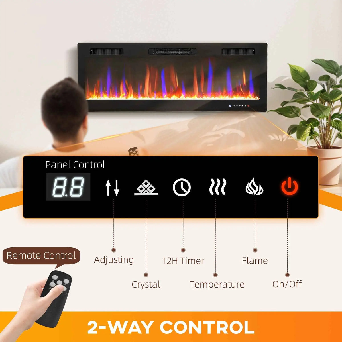 SLOTH Nation Marley electric fireplace heater, 50-inch, freestanding and wall-mounted with eco mode for home décor.