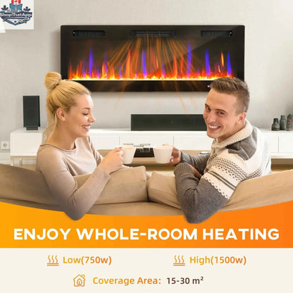 SLOTH Nation Marley electric fireplace heater, 50-inch slim freestanding or wall-mounted design with eco mode for home décor.