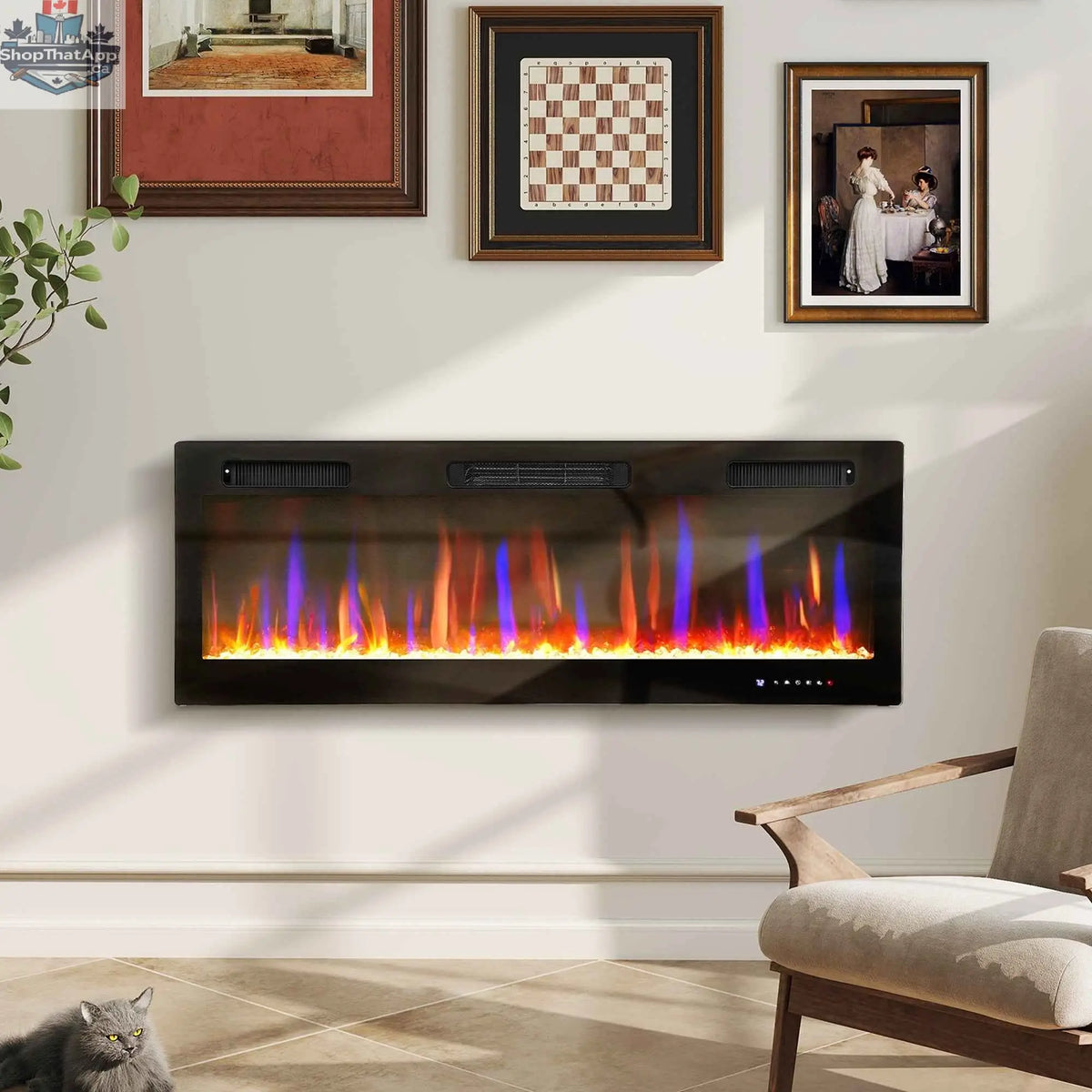 SLOTH Nation Marley electric fireplace heater 50-inch with sleek design, wall mount or freestanding, featuring eco mode for home décor.