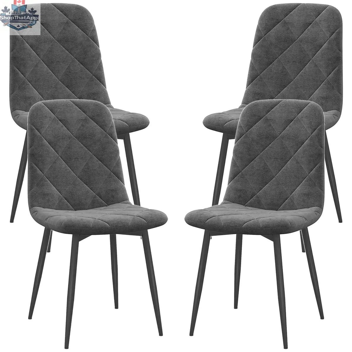 Set of four grey Arbor upholstered dining chairs with steel legs by SLOTH Nation, showcasing modern kitchen and dining furniture.