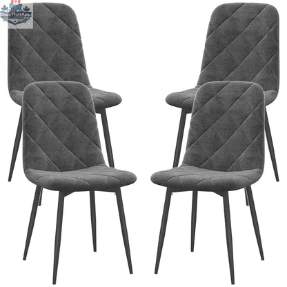 Set of four grey Arbor upholstered dining chairs with steel legs by SLOTH Nation, showcasing modern kitchen and dining furniture.