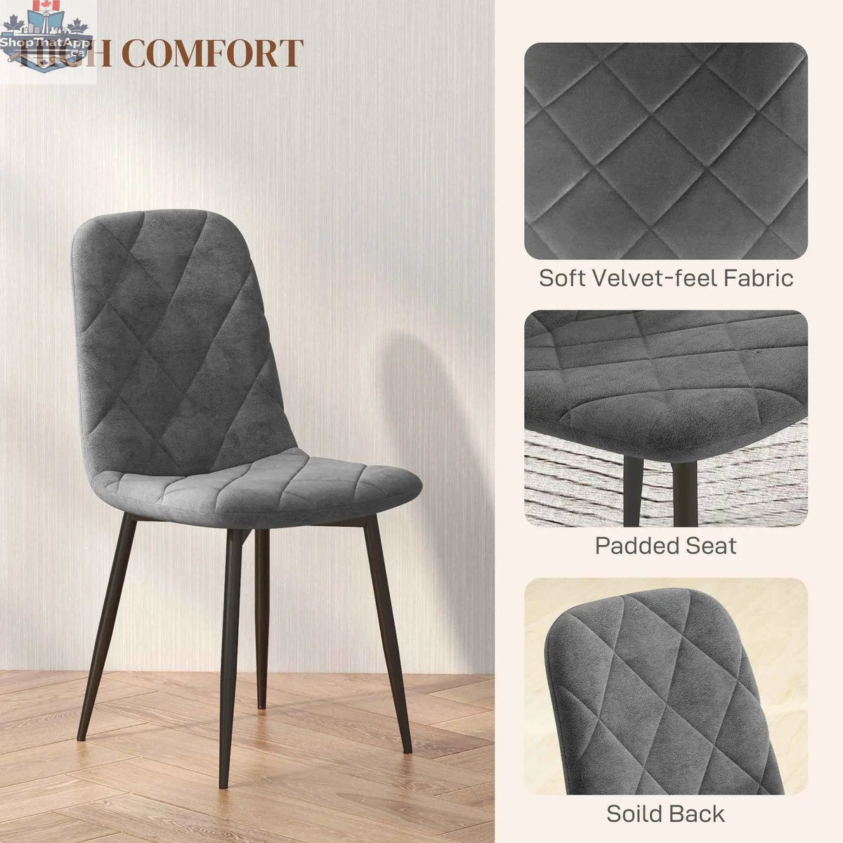 Set of 4 grey Arbor upholstered dining chairs with steel legs from SLOTH Nation, featuring cushioned seats and modern design.