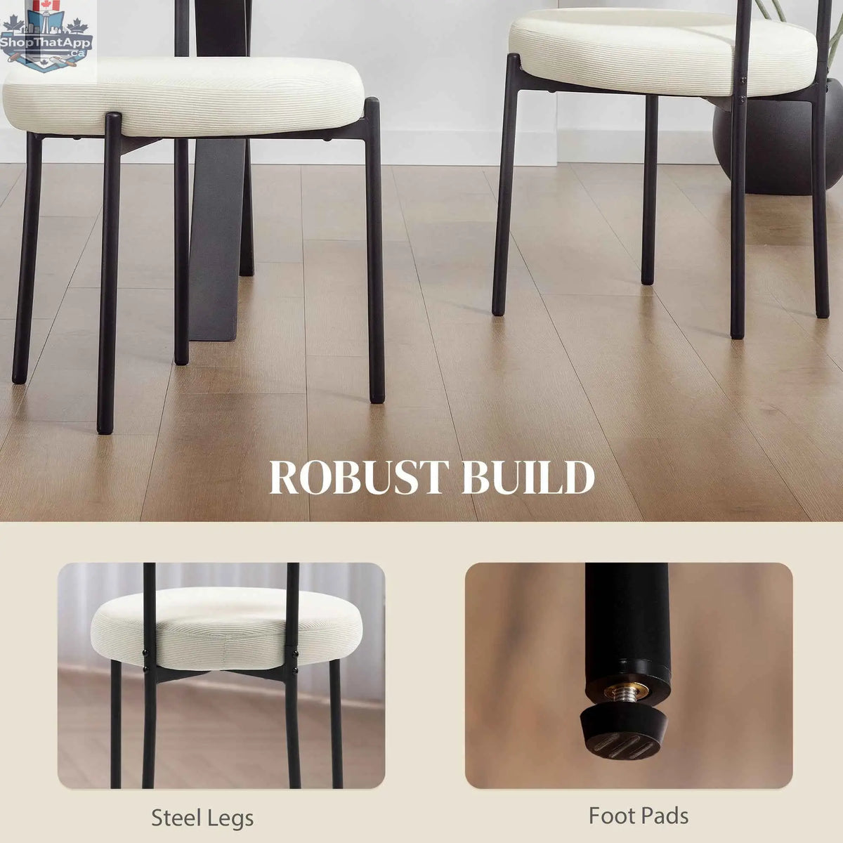 Set of four Avery Modern Dining Chairs by SLOTH Nation with beige corduroy upholstery, stylish home furnishings for kitchen and dining.