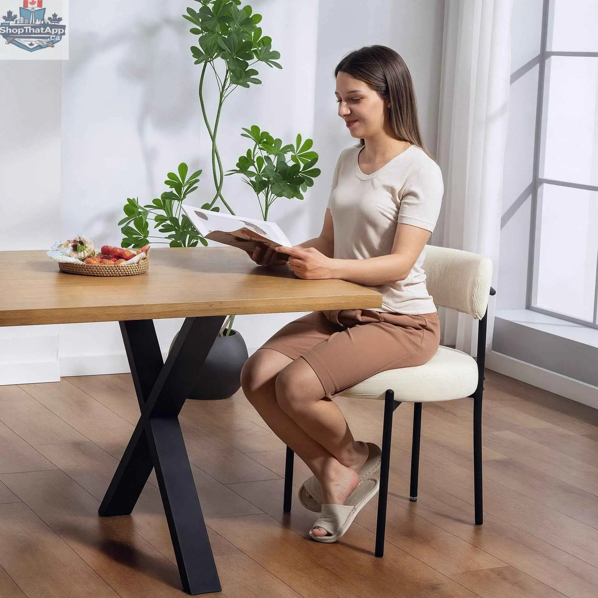 Set of four SLOTH Nation Avery modern beige dining chairs with corduroy upholstery, showcasing stylish kitchen and dining room furniture.