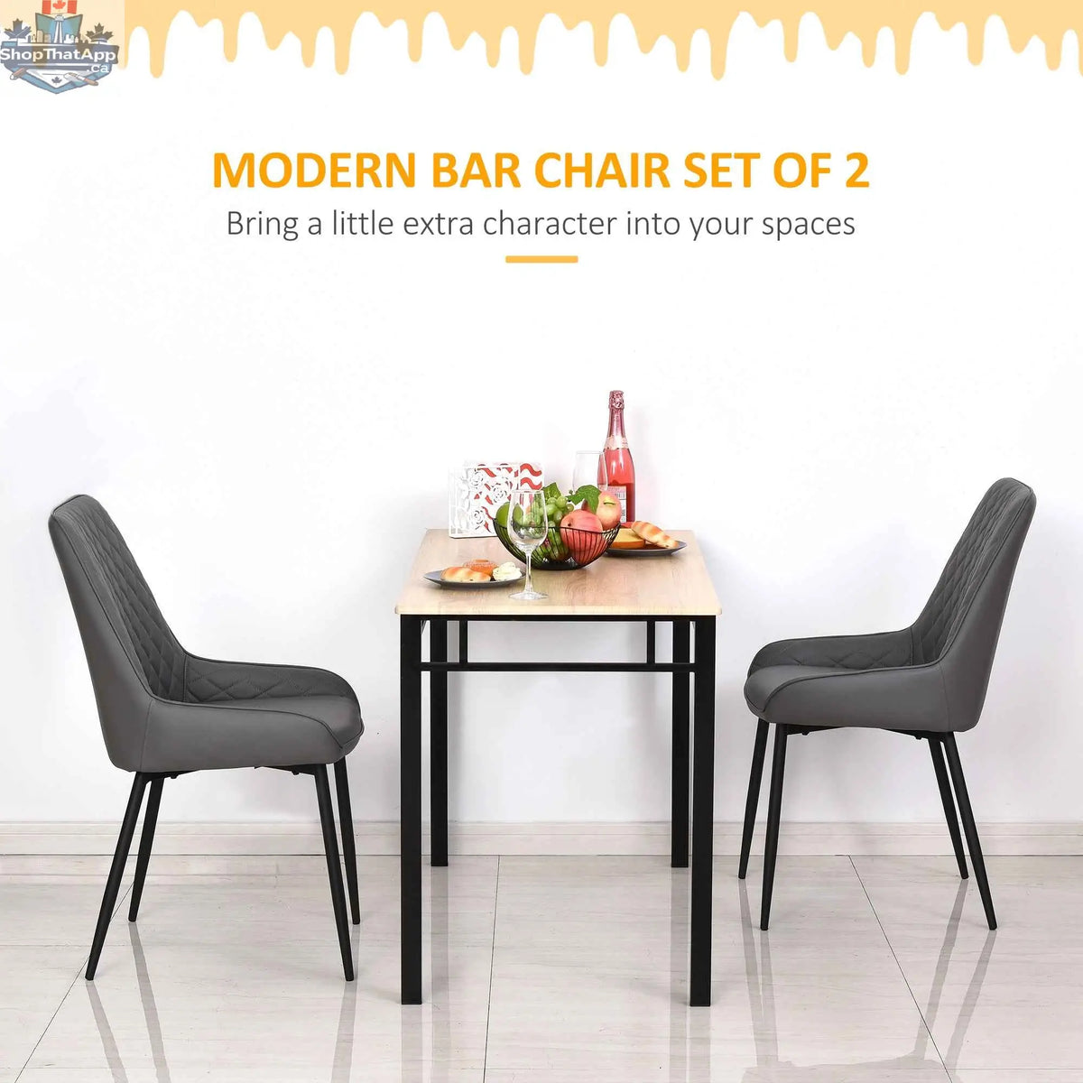 Set of 2 SLOTH Nation Blake modern dining chairs with grey fabric, diamond tufting, and steel legs, ideal for kitchen and dining rooms.