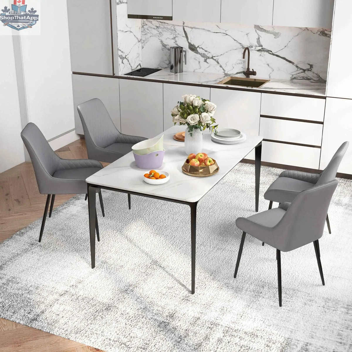 Set of four SLOTH Nation Blake vegan leather dining chairs with diamond tufting in grey, stylish kitchen and dining room furniture.