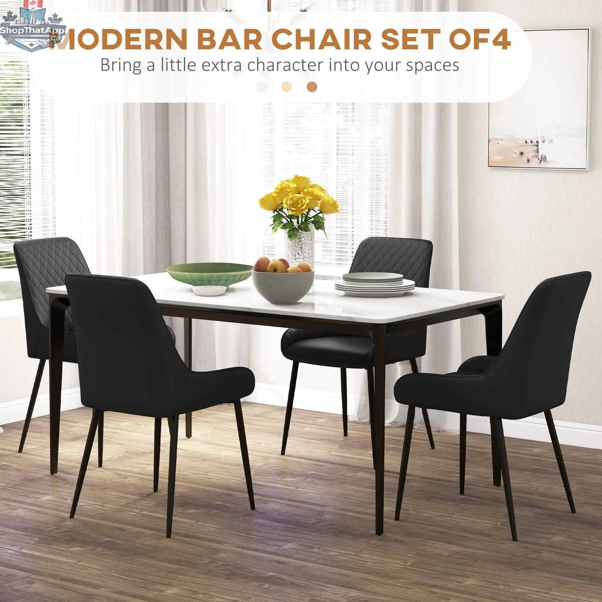 Set of four black Blake vegan leather dining chairs with diamond tufting by SLOTH Nation, showcasing elegant kitchen and dining furniture