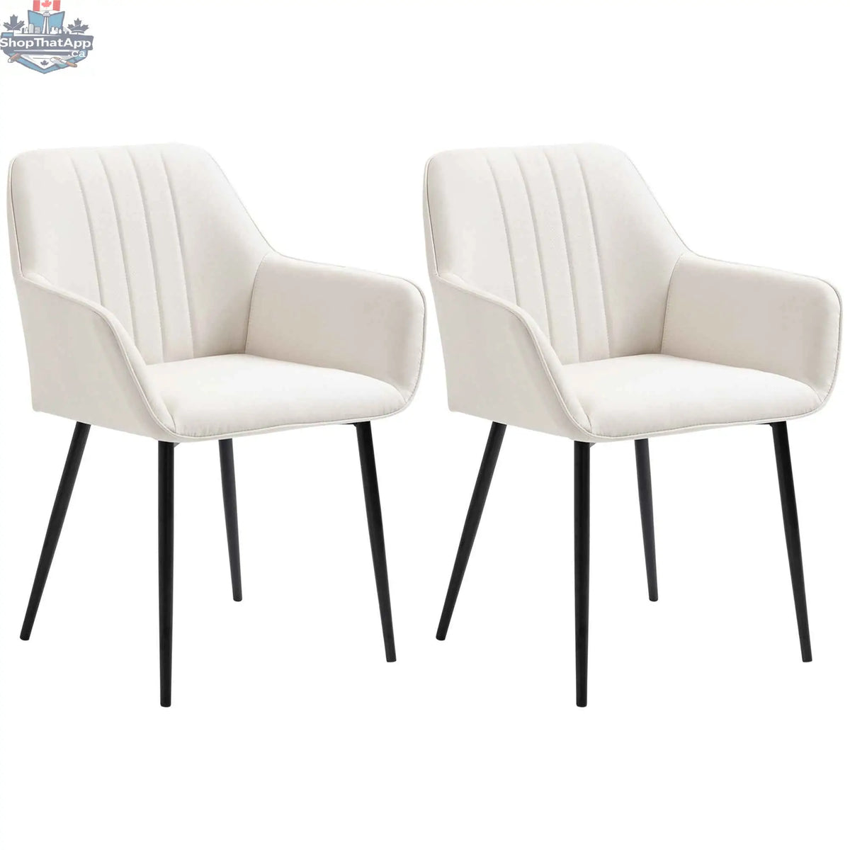 Pair of Robbie beige modern dining chairs with armrests from SLOTH Nation, featuring sleek design and comfortable seating for dining rooms.