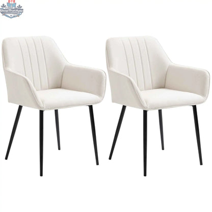 Pair of Robbie beige modern dining chairs with armrests from SLOTH Nation, featuring sleek design and comfortable seating for dining rooms.