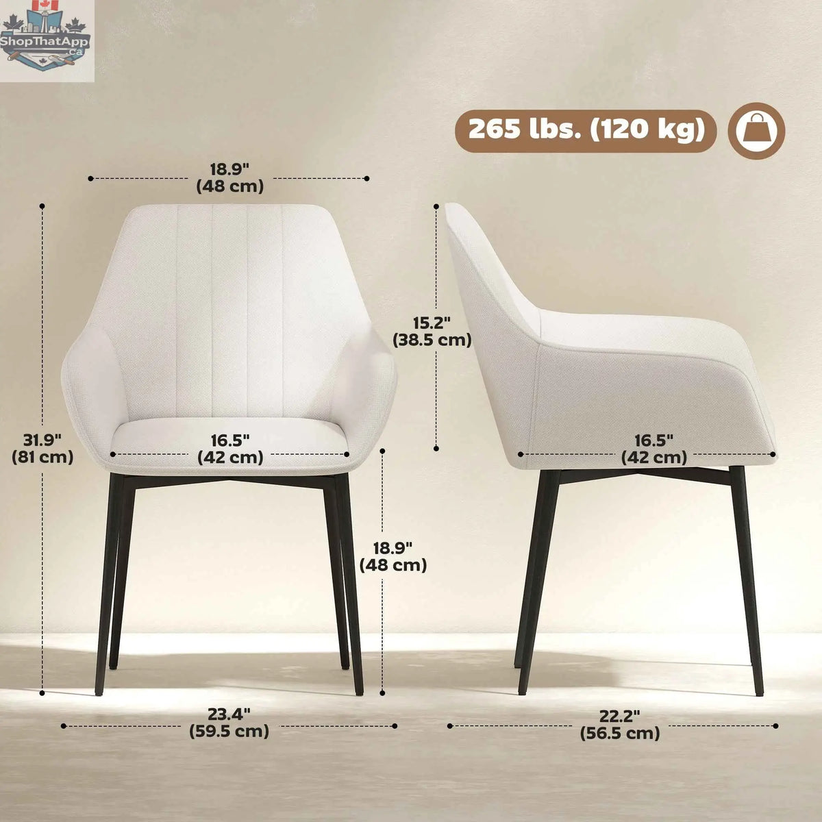 Set of two Robbie beige modern dining chairs with armrests by SLOTH Nation, featuring sleek design and comfortable seating.