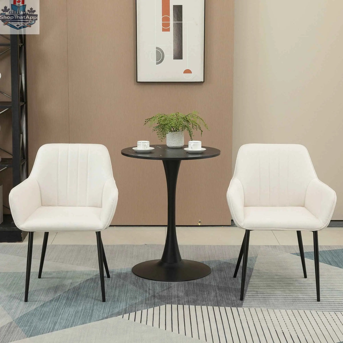 Pair of Robbie beige modern dining chairs with armrests from SLOTH Nation, stylish kitchen and dining room seating set of two.