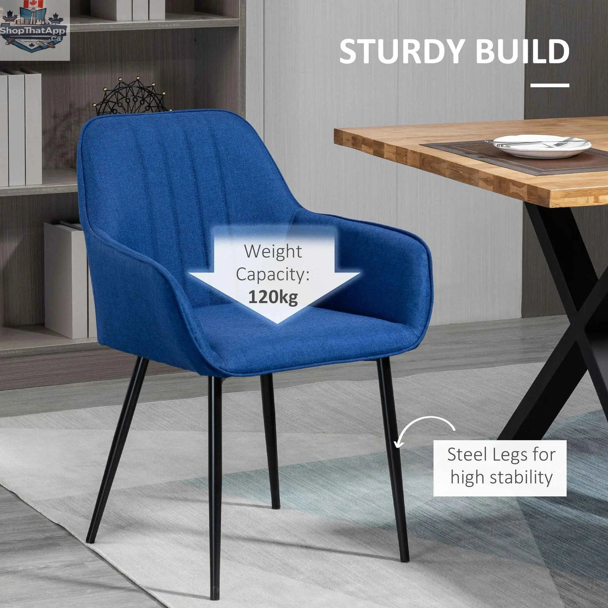 Set of two Robbie dark blue modern dining chairs with armrests from SLOTH Nation, featuring sleek design and comfortable seating.