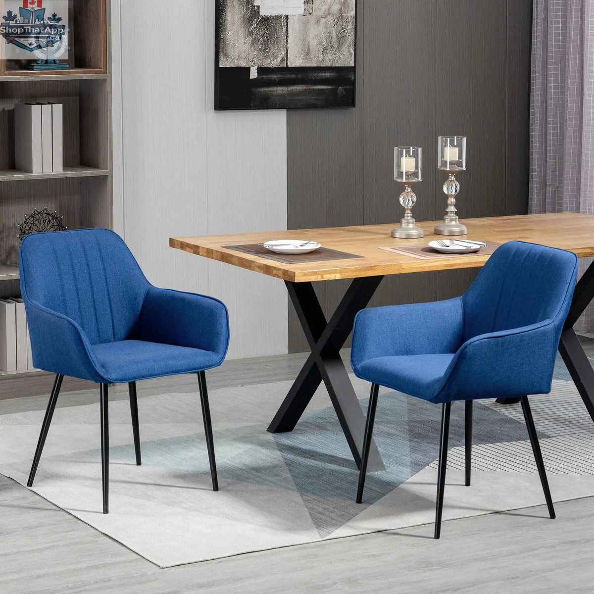 Set of two Robbie dark blue modern dining chairs with armrests by SLOTH Nation, featuring sleek design and sturdy construction.