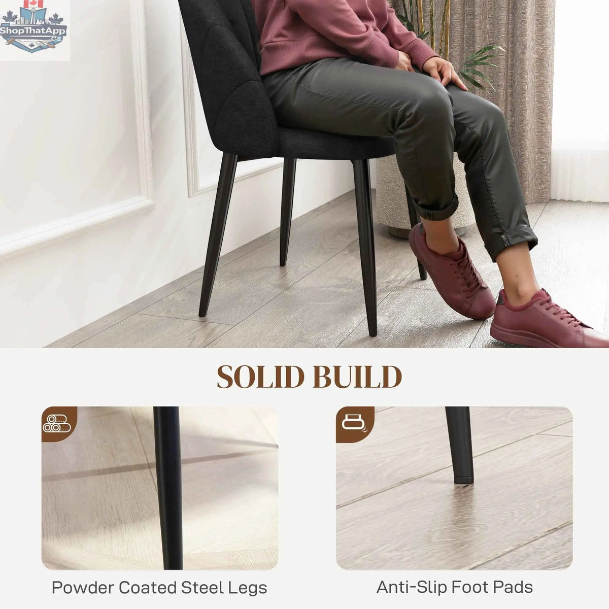 Set of four Skylar Black Modern Dining Chairs by SLOTH Nation, sleek upholstered seats with wooden legs for contemporary dining spaces.