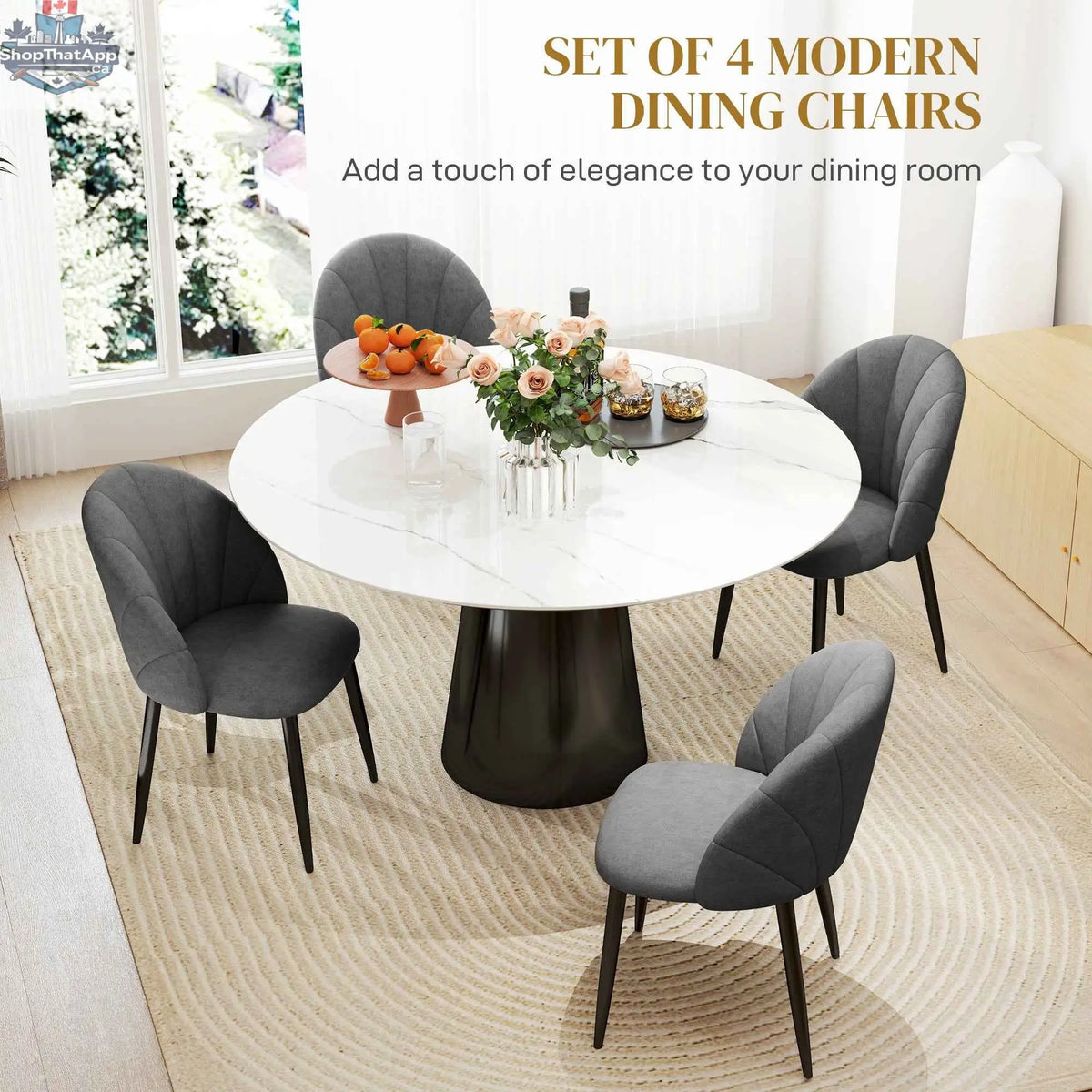 Set of four Skylar modern dining chairs by SLOTH Nation in dark grey with sleek, contemporary design for kitchen and dining areas.