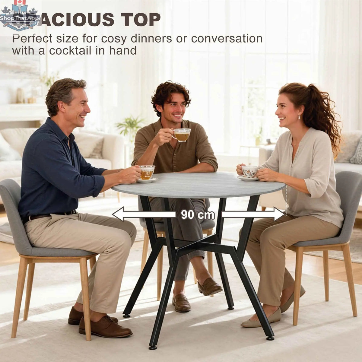 Grey Ainsley round dining table with 35-inch steel frame, perfect for kitchen and dining rooms by SLOTH Nation.