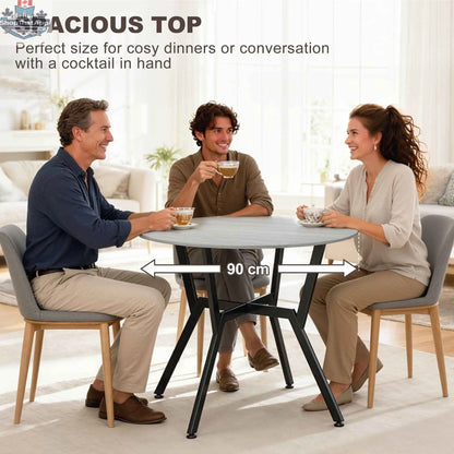 Grey Ainsley round dining table with 35-inch steel frame, perfect for kitchen and dining rooms by SLOTH Nation.