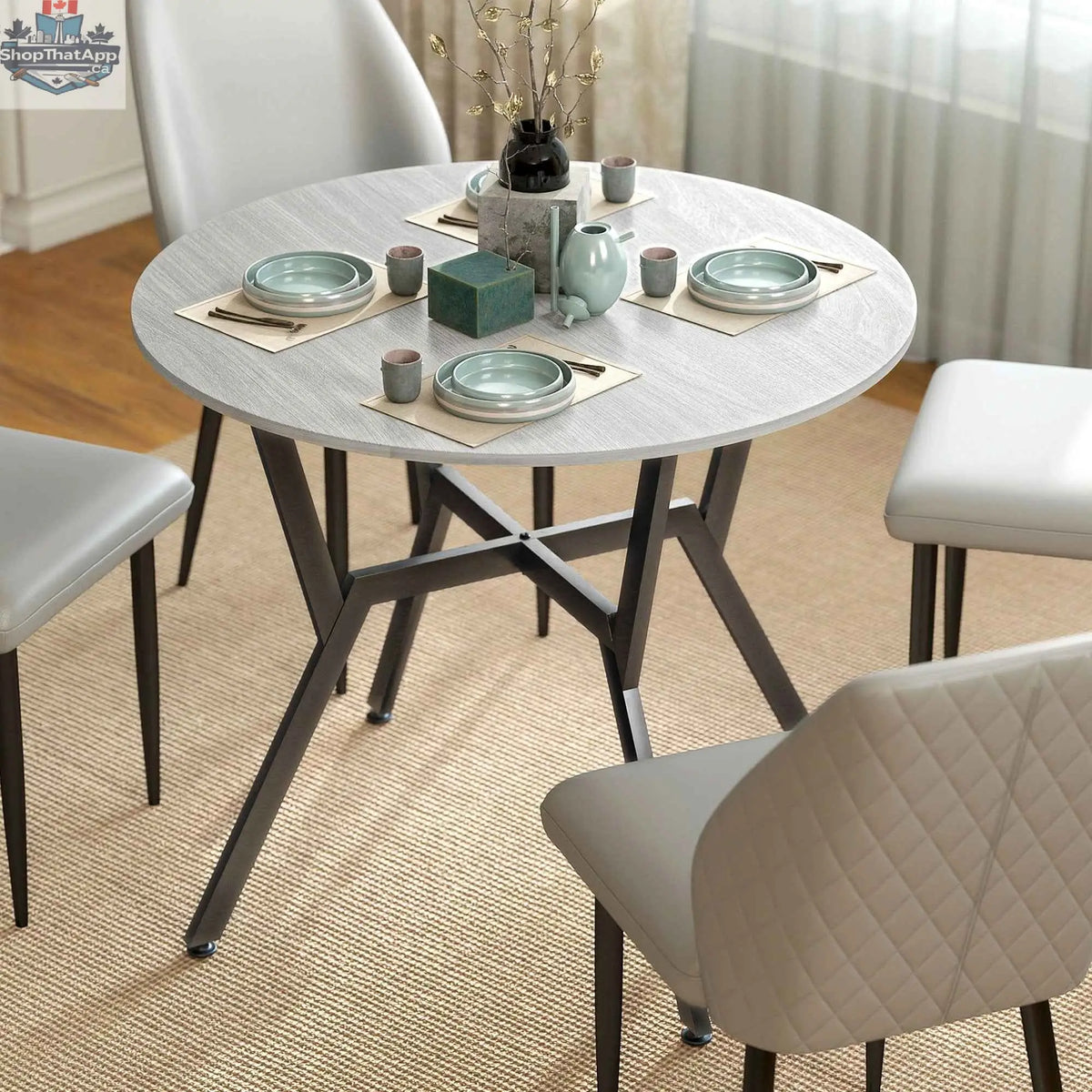 SLOTH Nation Ainsley 35-inch grey round dining table with steel frame, modern kitchen and dining furniture.