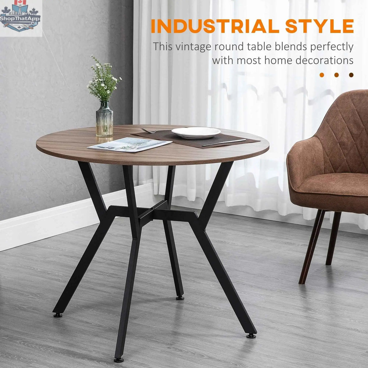 Ainsley round dining table with 35-inch diameter, brown finish, and steel frame, ideal for kitchen and dining room decor.