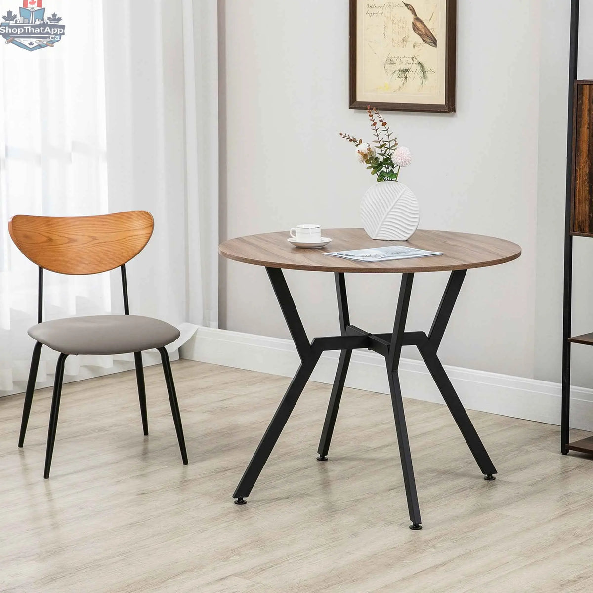 Ainsley 35-inch round dining table with brown finish and steel frame, ideal for kitchen and dining room decor.