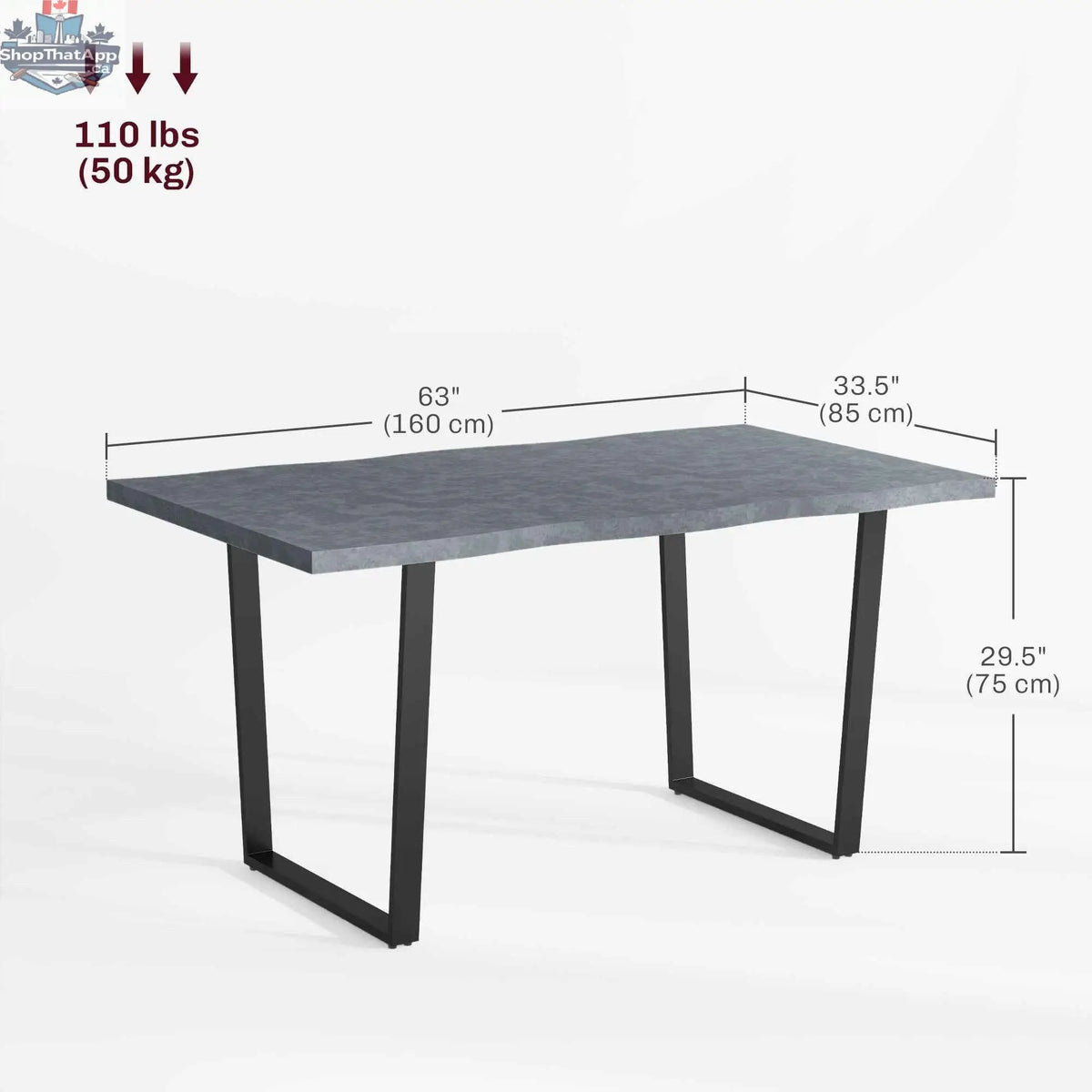 Ashton 63-inch dining table with wave-edged tabletop and steel legs in cement grey, ideal for modern kitchen and dining rooms.