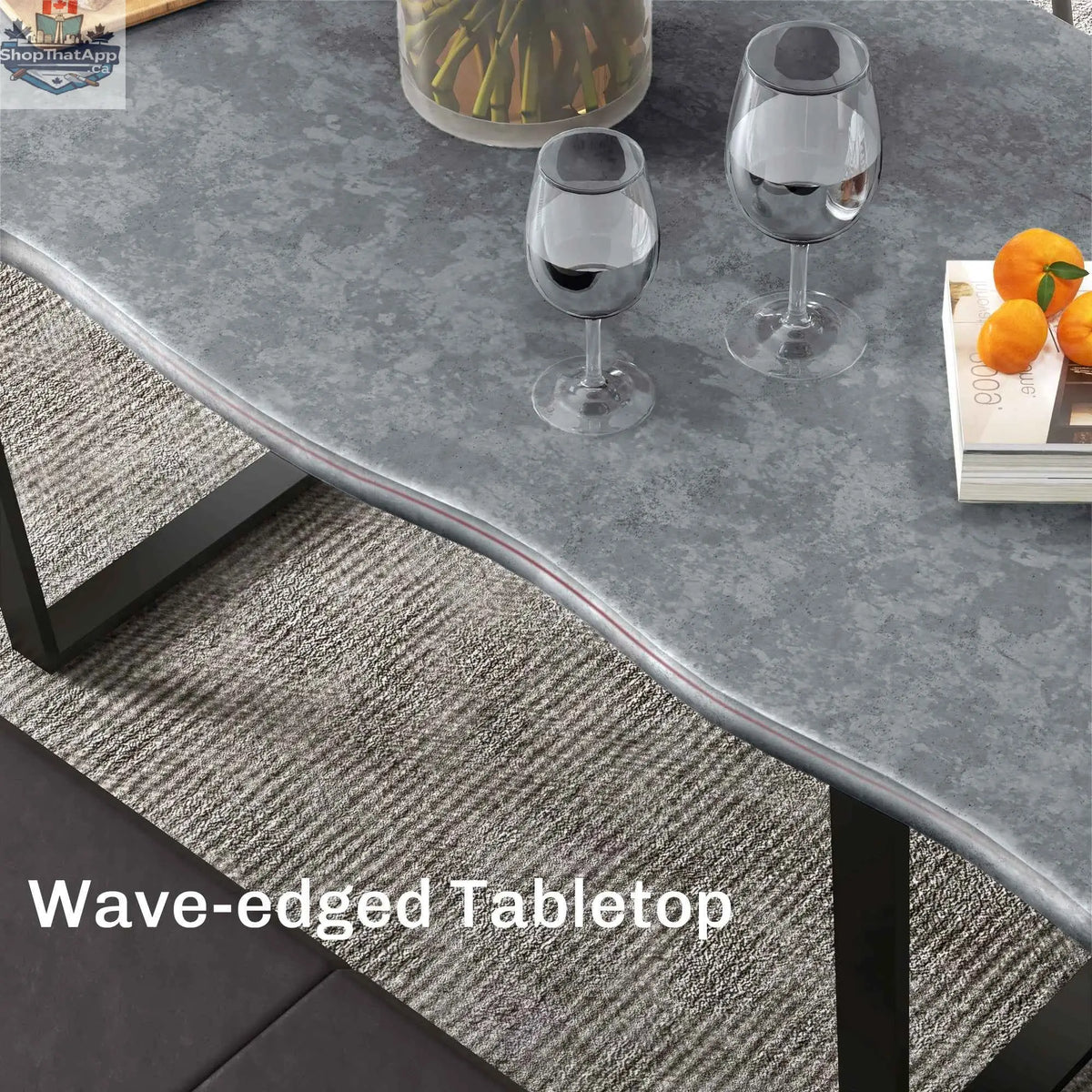 Ashton 63-inch dining table with wave-edged cement grey tabletop and steel legs, modern home furnishings for kitchen and dining.