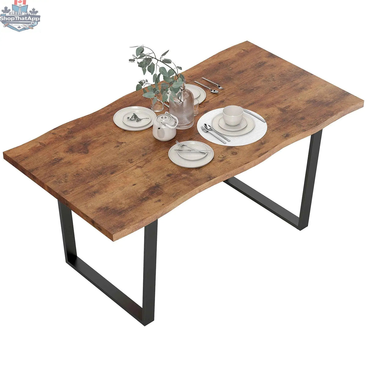 Rustic brown Ashton dining table with wave-edged tabletop and steel legs, 63-inch size, from SLOTH Nation home dining furniture.