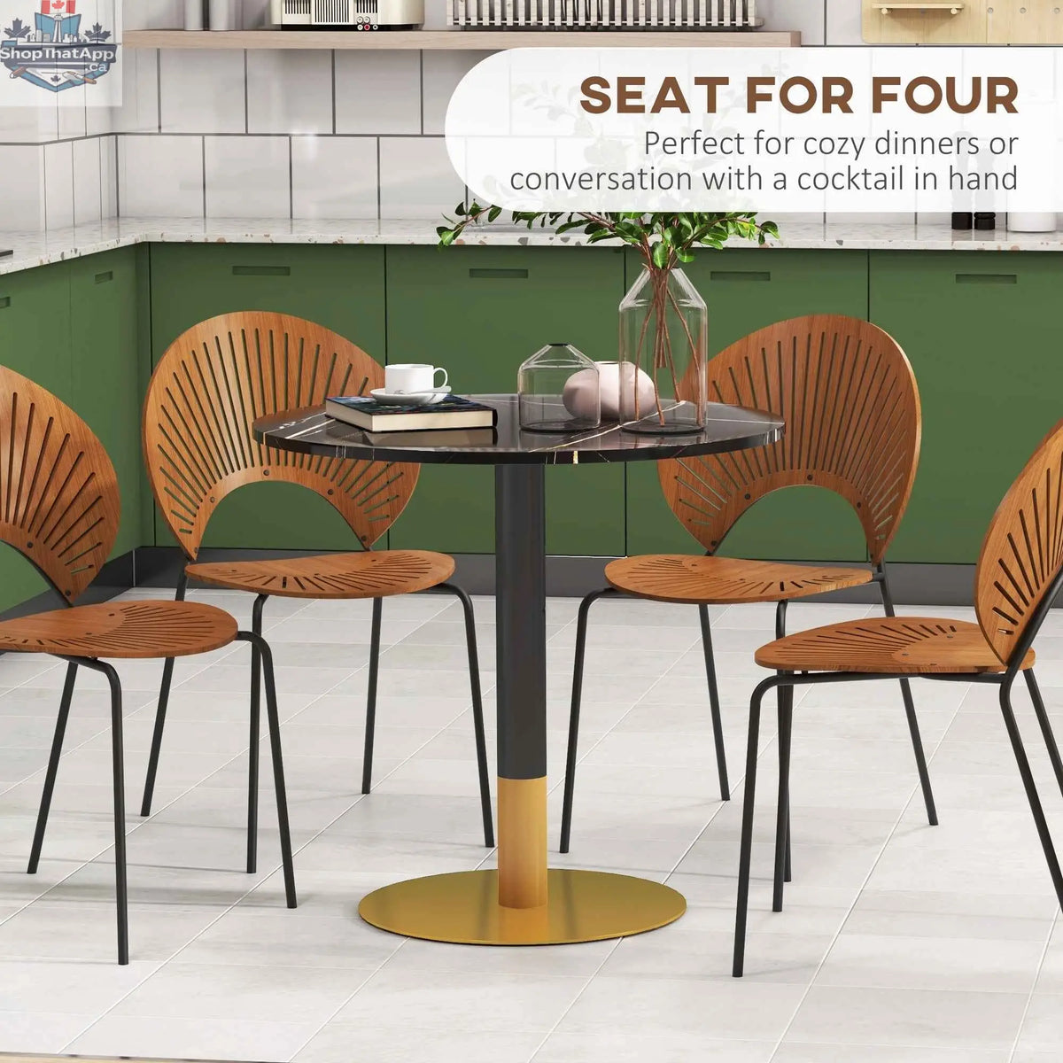 SLOTH Nation Rene round dining table with faux marble top in black, ideal for small spaces, kitchen and dining room furniture.