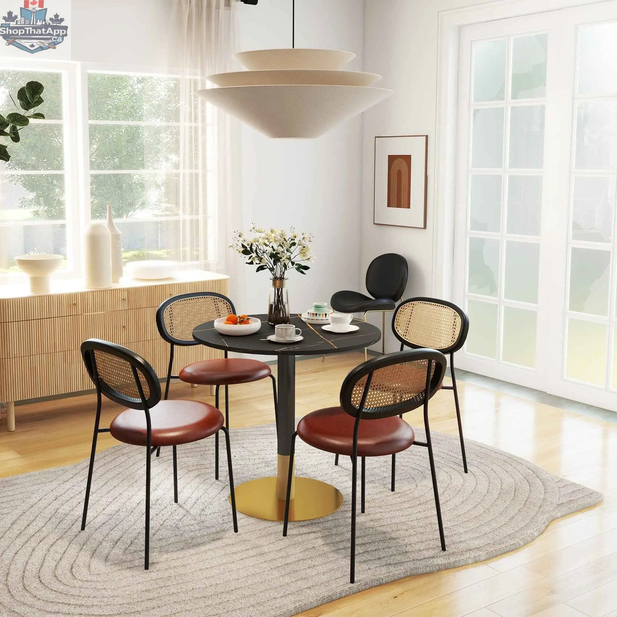 Black Rene round dining table with faux marble top by SLOTH Nation, ideal for small kitchen and dining spaces.