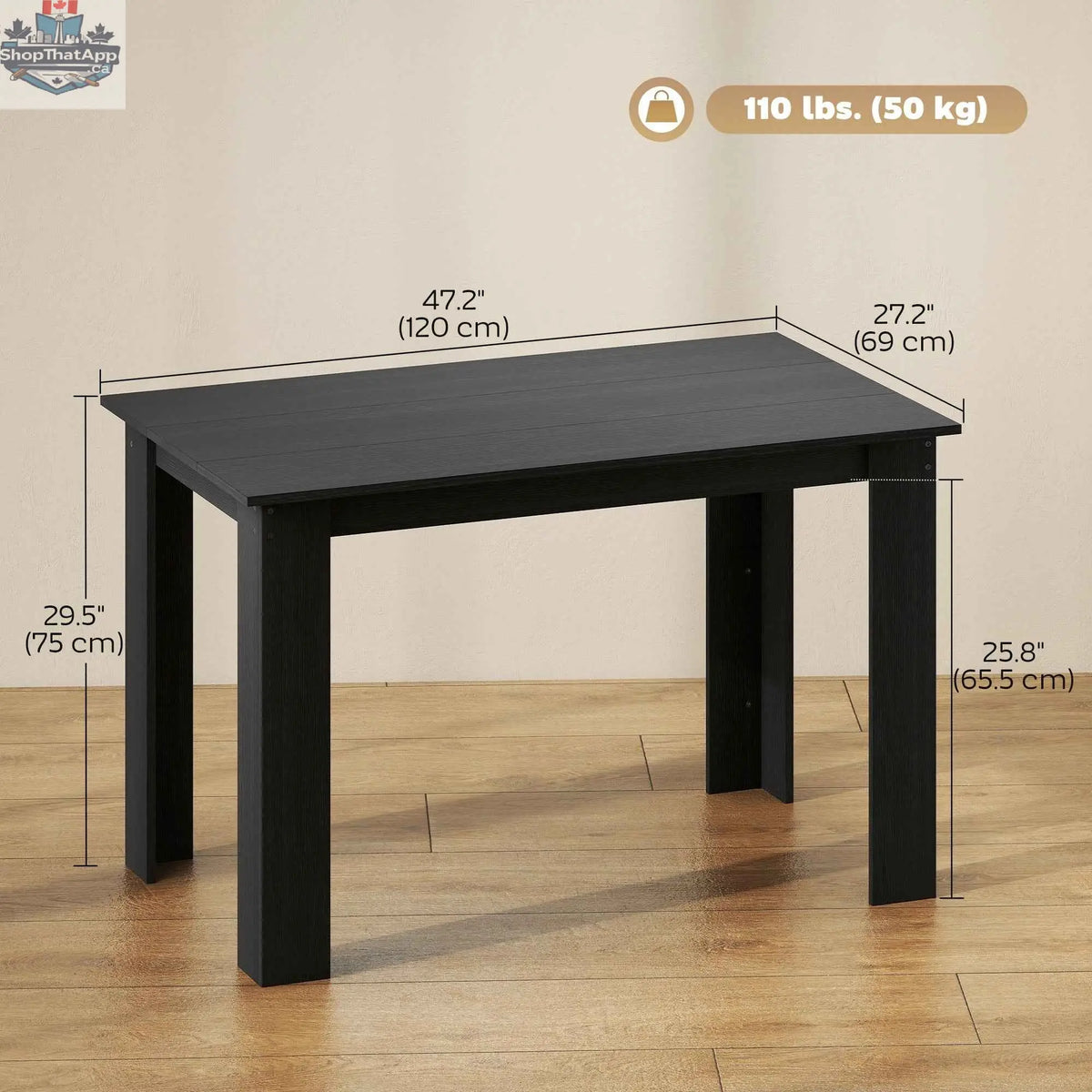 Black 47-inch dining table by SLOTH Nation, designed for 4 to 6 people, featuring a sleek and modern home dining furniture style.