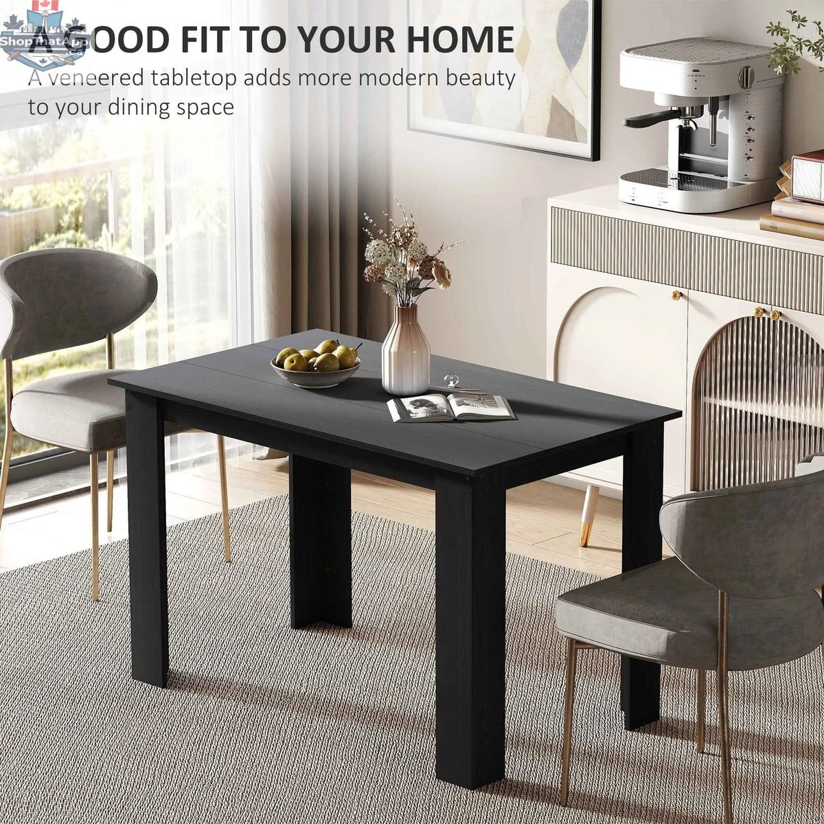 Black Spencer 47-inch dining table by SLOTH Nation with space for 4 to 6 people, perfect for kitchen and dining areas.