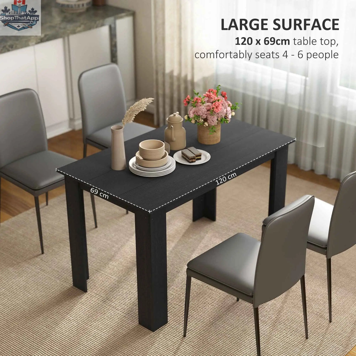 Black 47-inch SLOTH Nation dining table with space for 4-6 people, ideal for kitchen and dining room furniture.