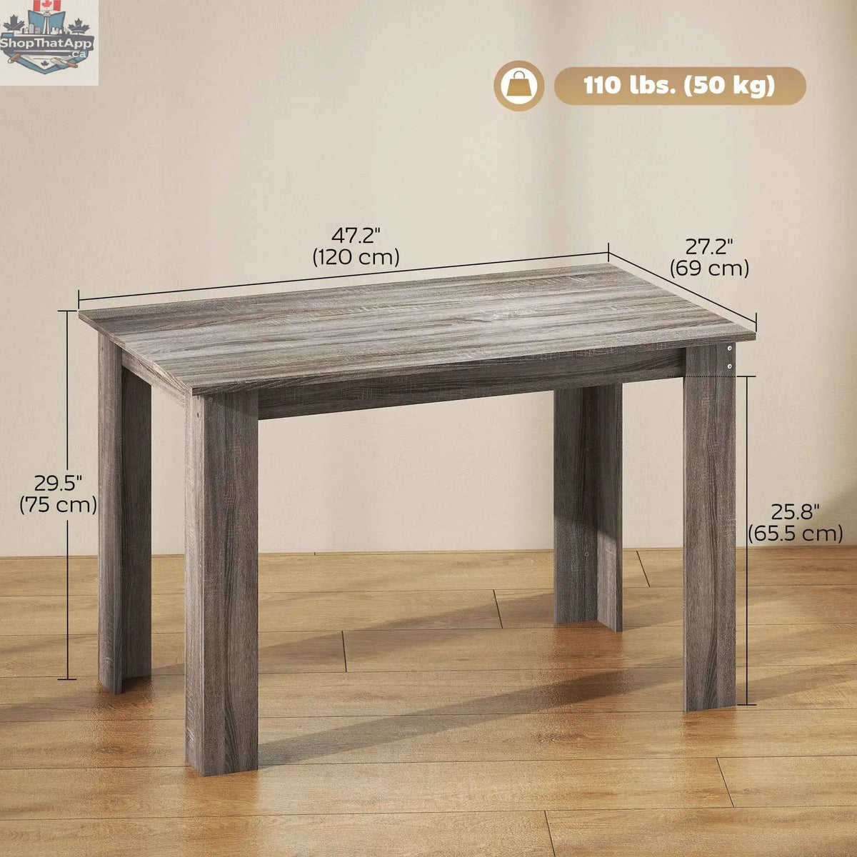 Light grey Spencer 47-inch dining table by SLOTH Nation, designed for 4 to 6 people, featuring a modern wooden surface.
