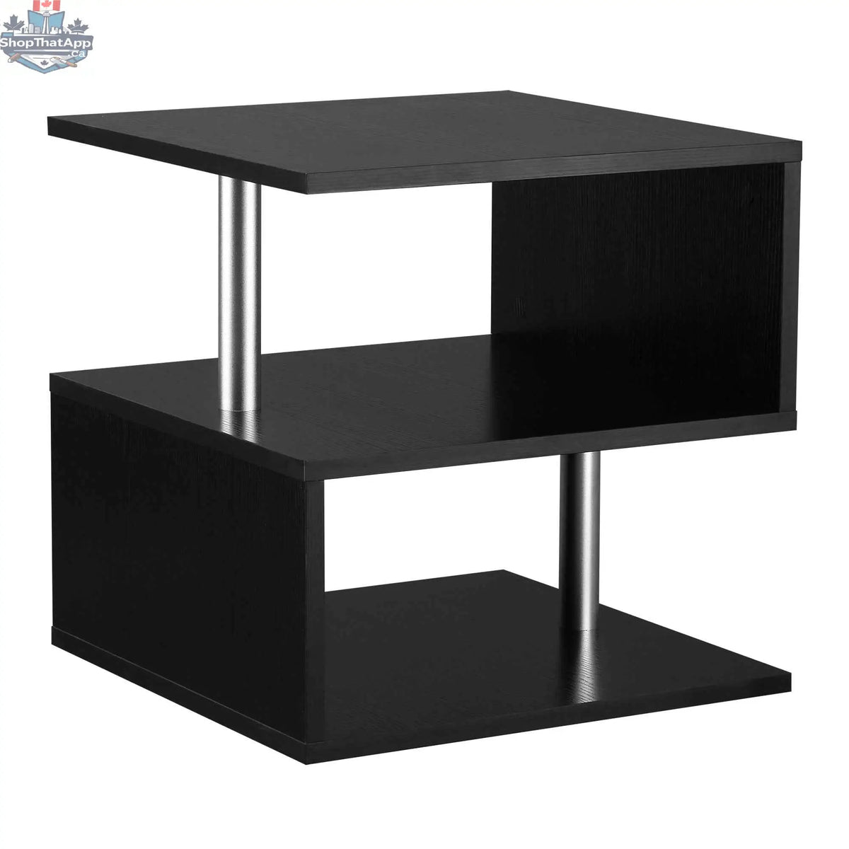 Black Caelan wooden S-shaped end table with three-tier storage shelves, modern living room furniture by SLOTH Nation.