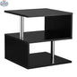 Black Caelan wooden S-shaped end table with three-tier storage shelves, modern living room furniture by SLOTH Nation.