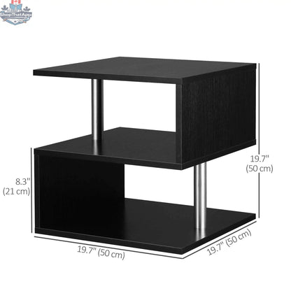 Caelan wooden S-shaped end table with black finish and three-tier storage shelves, ideal for living room furniture.