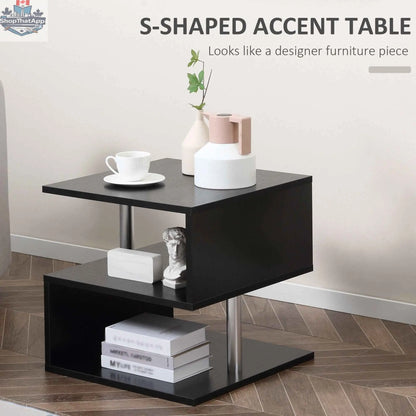 Caelan wooden S-shape end table with black finish and three-tier storage shelves, ideal for living room furniture from SLOTH Nation