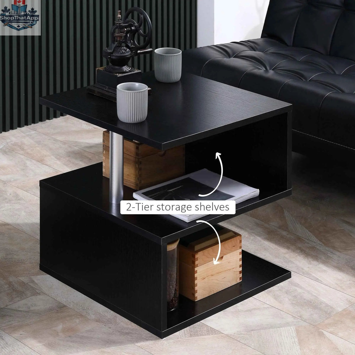 Caelan wooden S-shape end table with three-tier black storage shelves, modern living room furniture by SLOTH Nation.