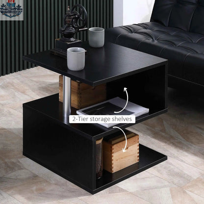 Caelan wooden S-shape end table with three-tier black storage shelves, modern living room furniture by SLOTH Nation.