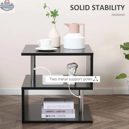 Black Caelan Wooden S Shape End Table with three-tier storage shelves, modern living room furniture from SLOTH Nation.
